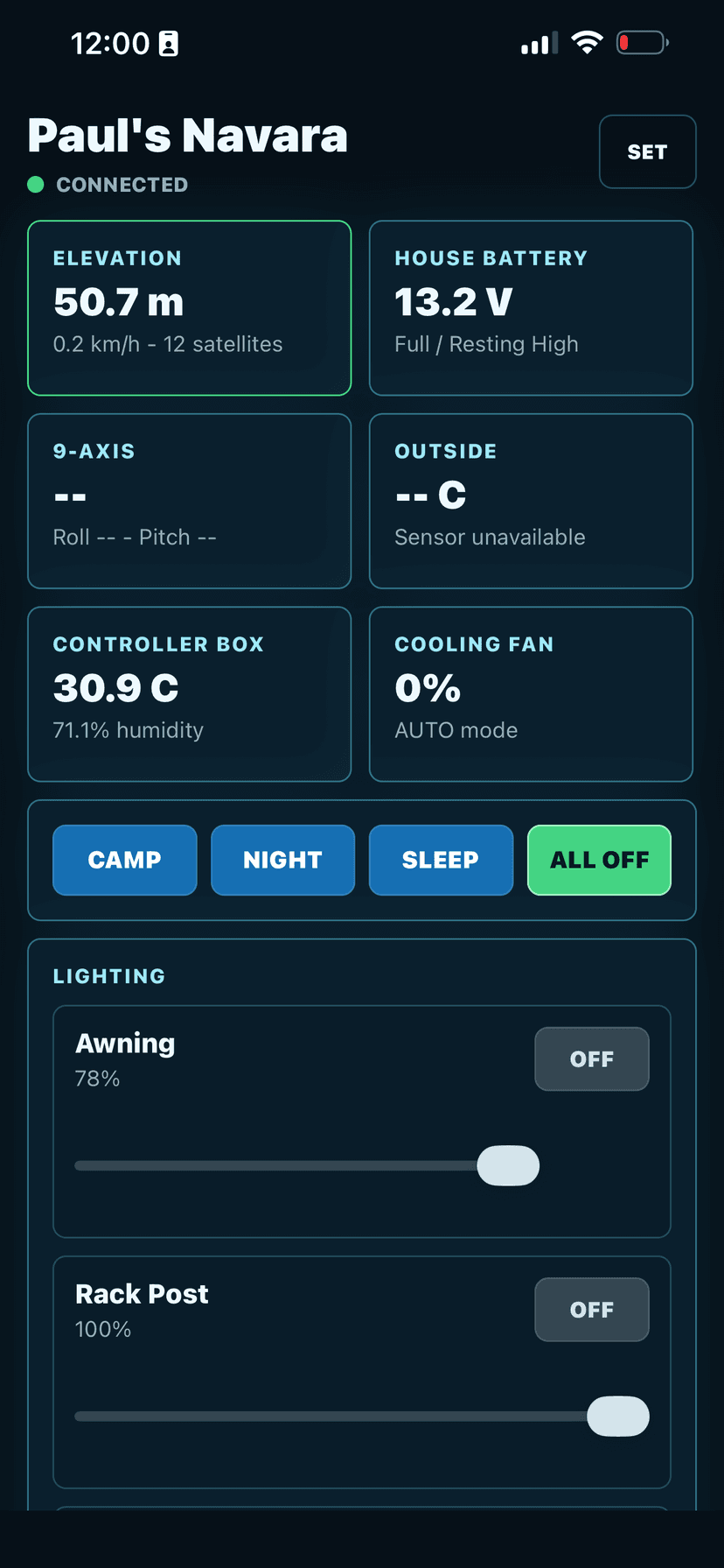 Dakila local Wi-Fi dashboard showing elevation, house battery voltage, controller box temperature, cooling fan status, and lighting scene controls